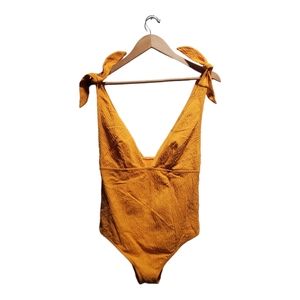 ASOS DESIGN Fuller Bust Plunge Textured Swimsuit Yellow Orange Size 10G/H